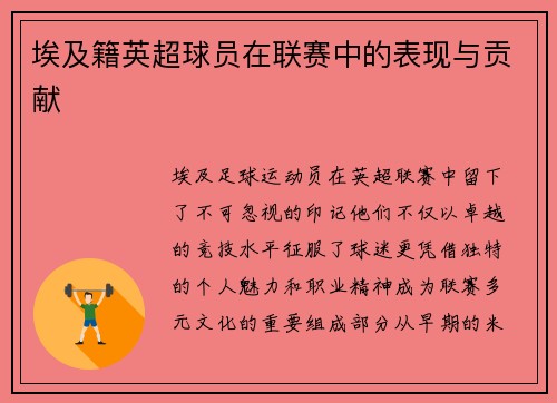 埃及籍英超球员在联赛中的表现与贡献